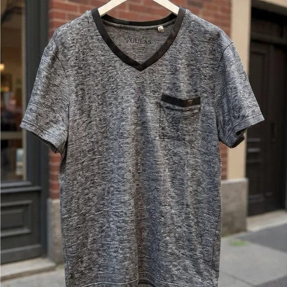 Guess Short Sleeve V-Neck Pocket tee with P.U leather trim detail - Picture 1 of 4